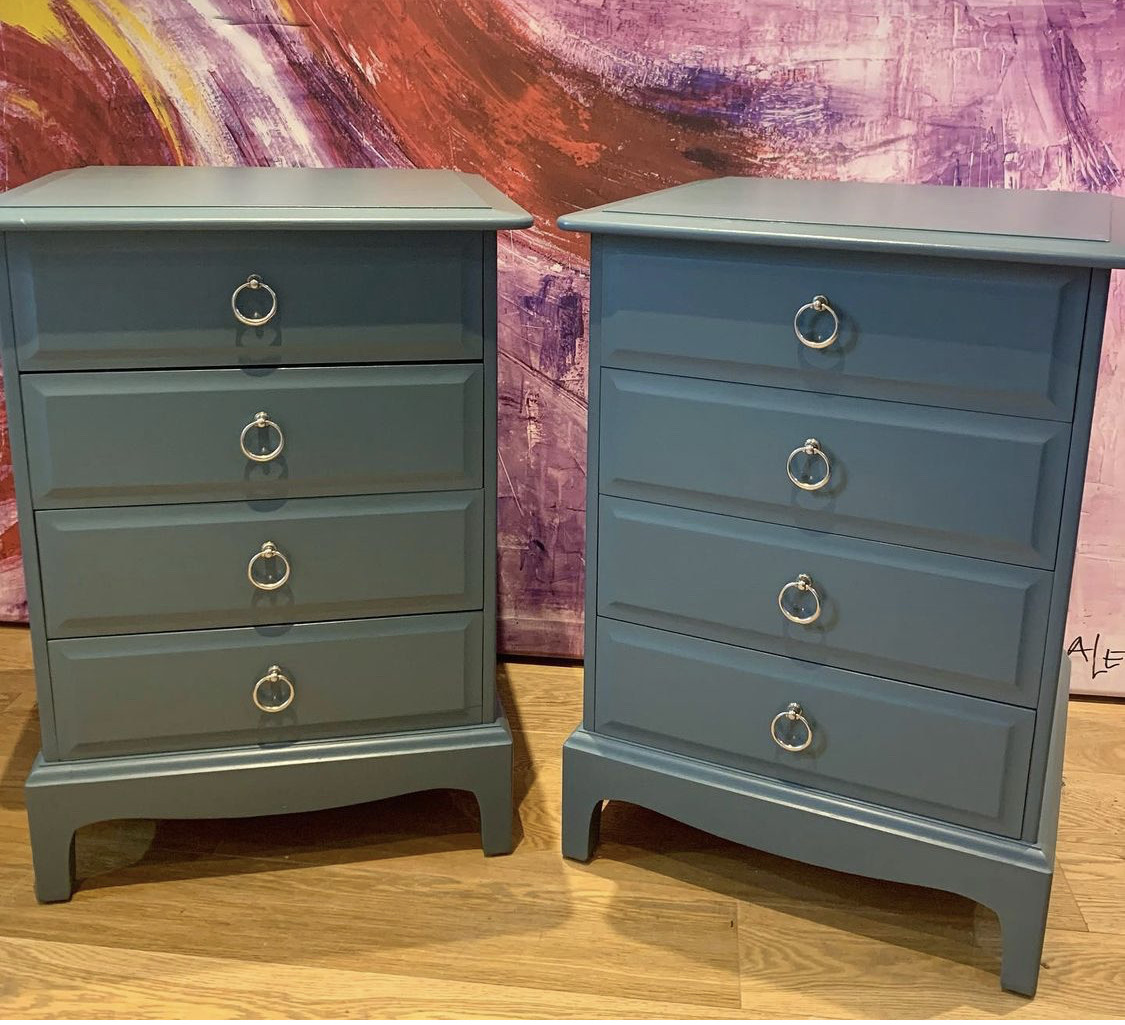Teal bedside tables after restoration